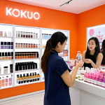 ** A vibrant scene inside a modern K-Beauty store in São Paulo, Brazil. Shelves are stocked with colorful skincare products featuring natural ingredients. A diverse group of customers is trying out samples and consulting with a friendly sales representative. The overall atmosphere is bright, clean, and inviting, emphasizing the innovative and personalized approach of K-Beauty.

**