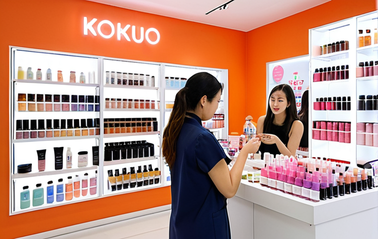 ** A vibrant scene inside a modern K-Beauty store in São Paulo, Brazil. Shelves are stocked with colorful skincare products featuring natural ingredients. A diverse group of customers is trying out samples and consulting with a friendly sales representative. The overall atmosphere is bright, clean, and inviting, emphasizing the innovative and personalized approach of K-Beauty.

**