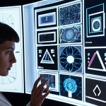 A modern art curator interacts with a sophisticated holographic display, which projects intricate data visualizations and network graphs over a vast collection of artworks in a sleek, minimalist gallery. The display highlights hidden connections between artists, predicts market trends, and uncovers emerging talents, symbolizing AI's role in amplifying human intuition and optimizing strategic decisions in art management and discovery. Futuristic aesthetic, sharp focus, dynamic lighting.