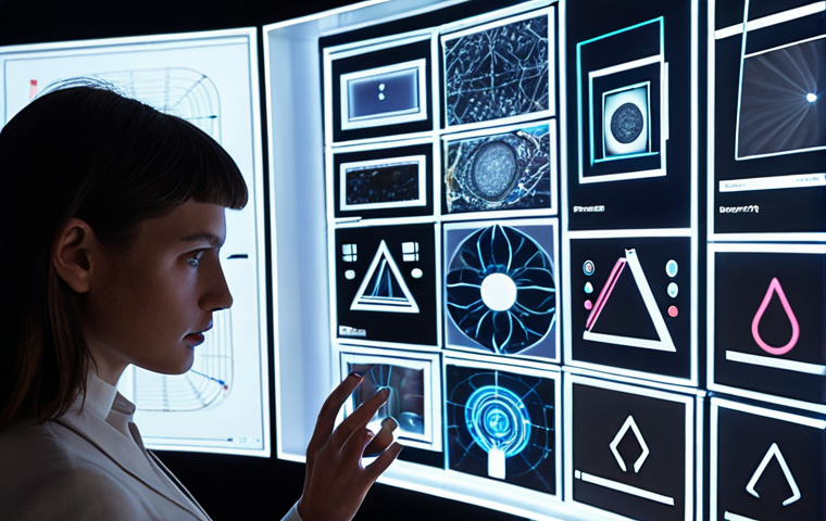 A modern art curator interacts with a sophisticated holographic display, which projects intricate data visualizations and network graphs over a vast collection of artworks in a sleek, minimalist gallery. The display highlights hidden connections between artists, predicts market trends, and uncovers emerging talents, symbolizing AI's role in amplifying human intuition and optimizing strategic decisions in art management and discovery. Futuristic aesthetic, sharp focus, dynamic lighting.