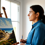 A professional artist, fully clothed in modest studio attire, stands contemplatively in a sunlit art studio. The studio is clean and organized, featuring various art supplies like canvases, paints, and brushes, with natural light streaming through a large window. A subtly visible reference photo hinting at Portuguese coastal landscapes is on a nearby easel. The artist has perfect anatomy, correct proportions, well-formed hands, and a natural, reflective pose. This high-quality, professional photography ensures an appropriate, safe for work, and family-friendly depiction of a creative individual.