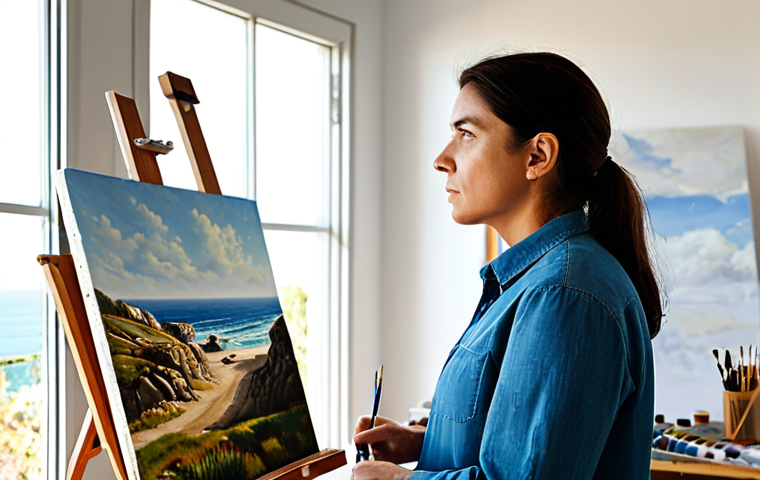 A professional artist, fully clothed in modest studio attire, stands contemplatively in a sunlit art studio. The studio is clean and organized, featuring various art supplies like canvases, paints, and brushes, with natural light streaming through a large window. A subtly visible reference photo hinting at Portuguese coastal landscapes is on a nearby easel. The artist has perfect anatomy, correct proportions, well-formed hands, and a natural, reflective pose. This high-quality, professional photography ensures an appropriate, safe for work, and family-friendly depiction of a creative individual.