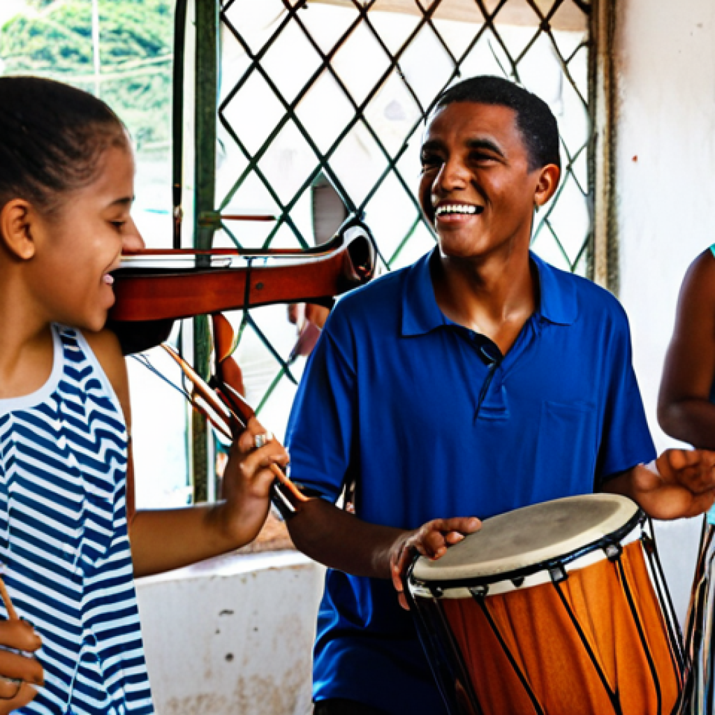 Rehearsal in Rio**

"A vibrant musical rehearsal in a Rio de Janeiro favela community center, showing dancers in modest streetwear practicing samba, musicians with acoustic instruments, bright natural light, safe for work, appropriate content, fully clothed, professional, perfect anatomy, natural proportions, family-friendly."

**