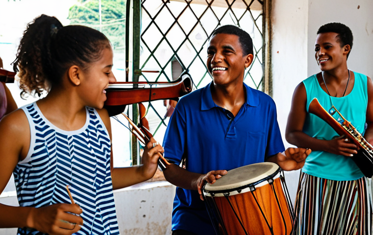 Rehearsal in Rio**

"A vibrant musical rehearsal in a Rio de Janeiro favela community center, showing dancers in modest streetwear practicing samba, musicians with acoustic instruments, bright natural light, safe for work, appropriate content, fully clothed, professional, perfect anatomy, natural proportions, family-friendly."

**
