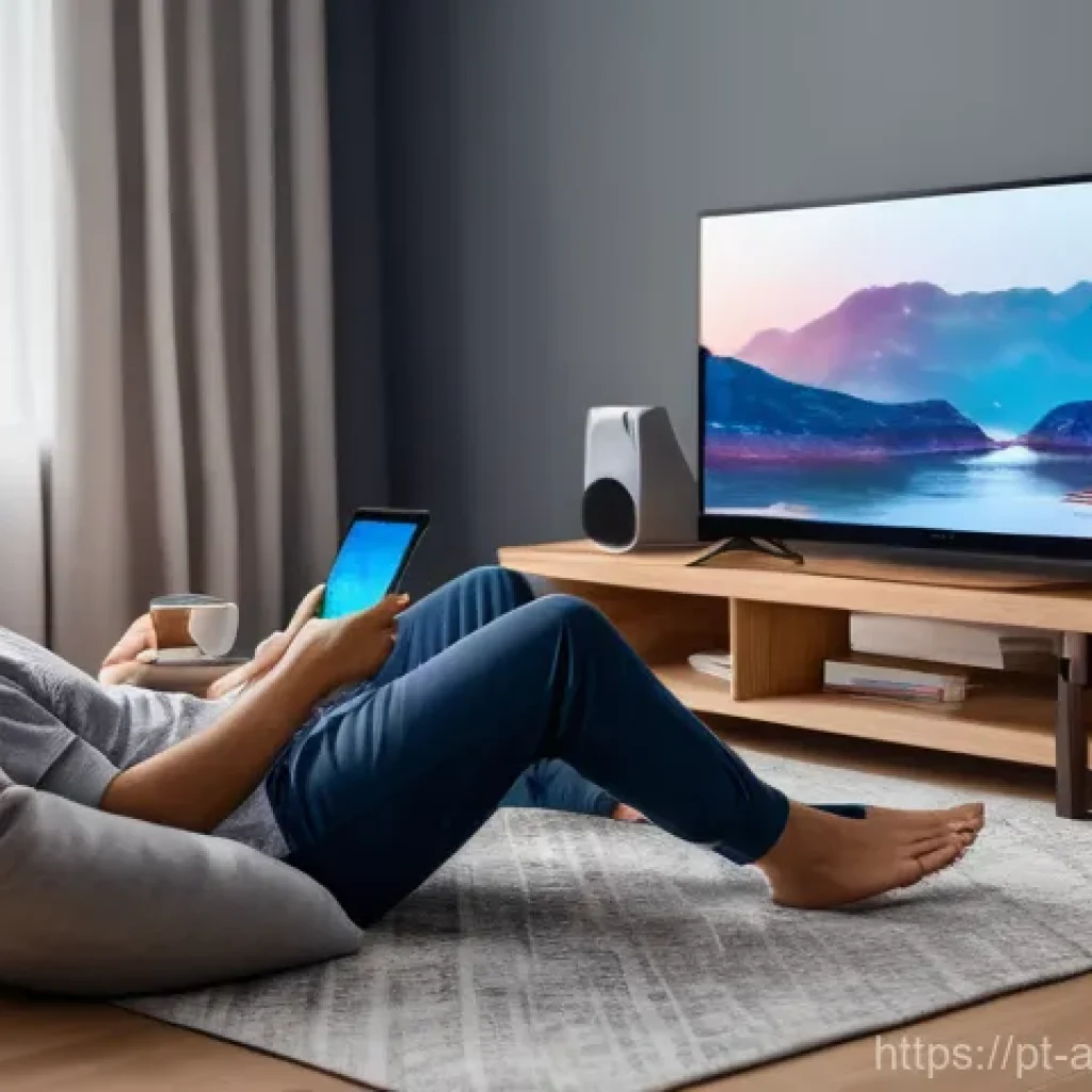 문화콘텐츠 산업 분석 - **"A cozy and modern living room scene, emphasizing the comfort of digital streaming. A young adult,...