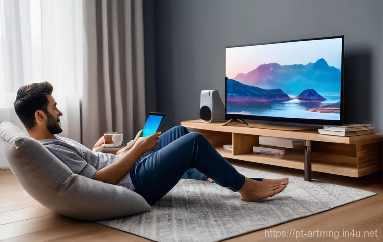 문화콘텐츠 산업 분석 - **"A cozy and modern living room scene, emphasizing the comfort of digital streaming. A young adult,...