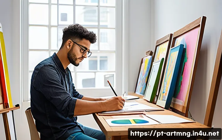 예술 창작자의 법적 보호 - A professional Brazilian artist’s studio interior, showing a diverse collection of colorful painting...