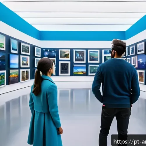 Home 30 예술과 디지털 콘텐츠 산업 - A futuristic art exhibition space featuring visitors wearing casual modern clothing interacting with...