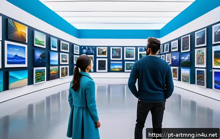 예술과 디지털 콘텐츠 산업 - A futuristic art exhibition space featuring visitors wearing casual modern clothing interacting with...