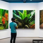 Home 23 예술경영과 디지털 트랜스포메이션 - A vibrant digital art exhibition scene inside a modern virtual gallery platform, showcasing diverse ...