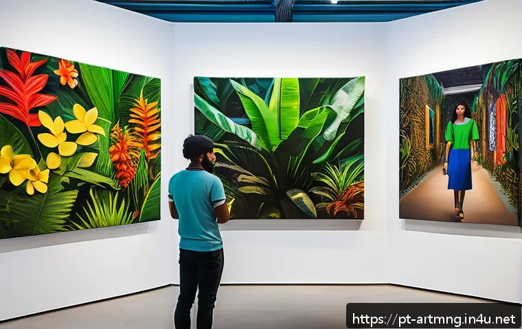예술경영과 디지털 트랜스포메이션 - A vibrant digital art exhibition scene inside a modern virtual gallery platform, showcasing diverse ...
