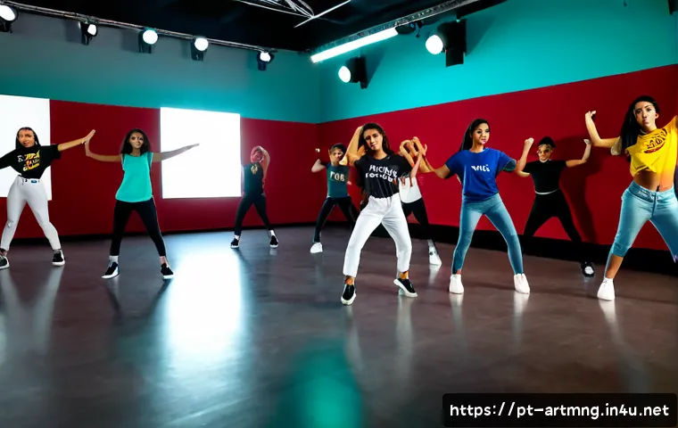 K POP과 문화산업 - Photorealistic K-pop-inspired dance rehearsal in a modern São Paulo creative studio, diverse young B...