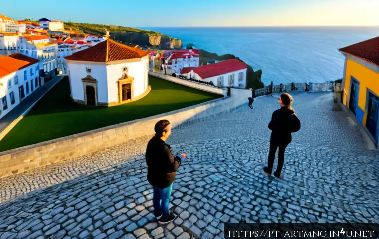 Home 17 문화예술과 관광 산업 - Photorealistic wide-angle view of a vibrant Portuguese coastal town cultural district at golden hour...